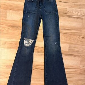 Distressed Dark Blue Flare Jeans for Women
